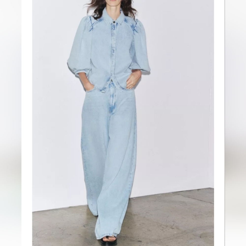Zara Zw Collection Light Blue Denim Shirt With Puffed Sleeves Sz-XL - Picture 4 of 10